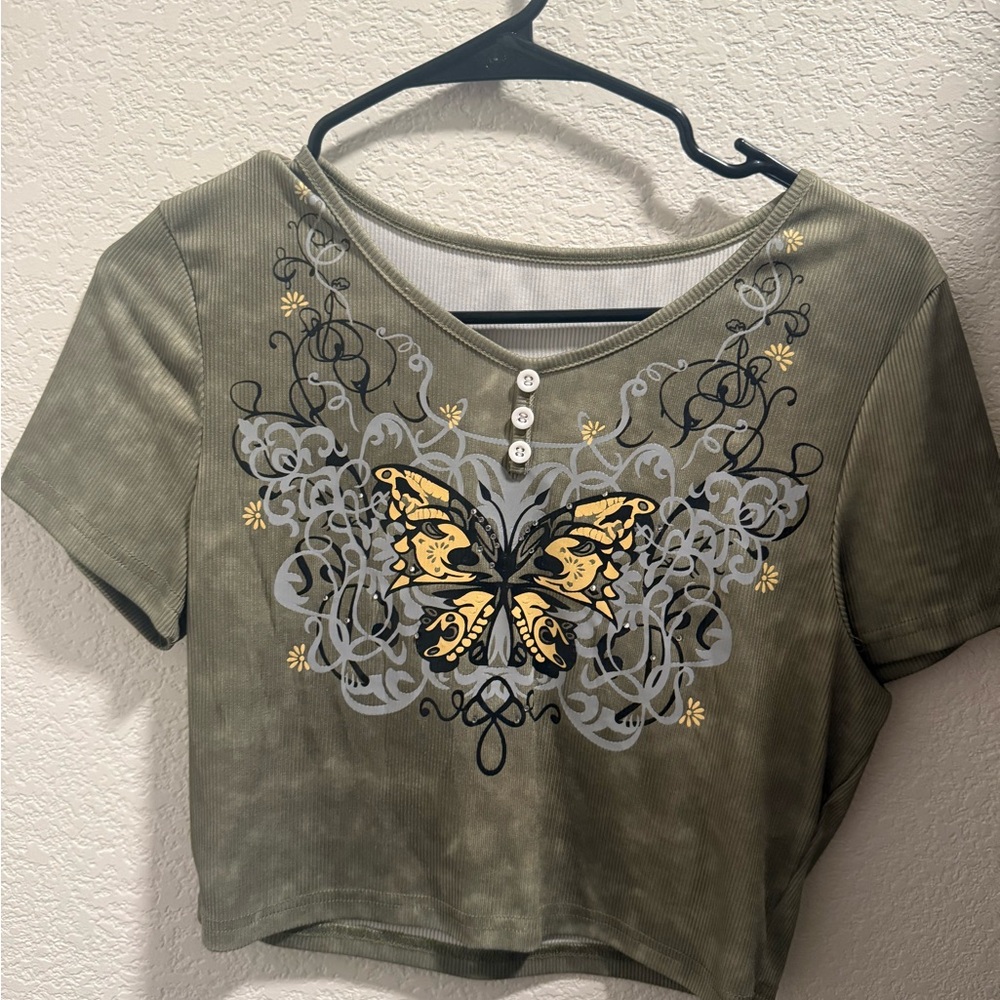 Olive Green Butterfly Print Crop Top